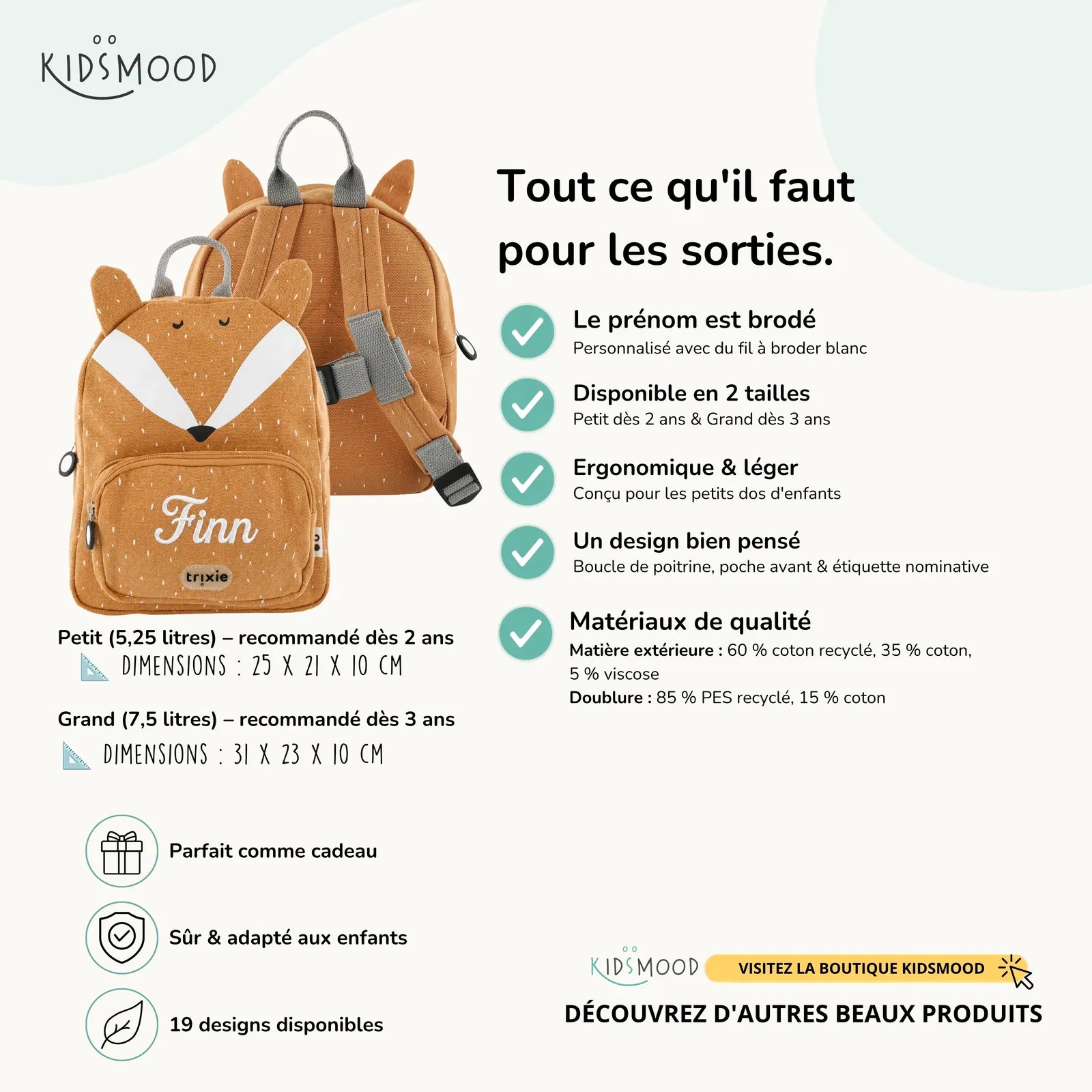 Sac à dos maternelle Trixie Renard personnalisé, prénom brodé — Kidsmood