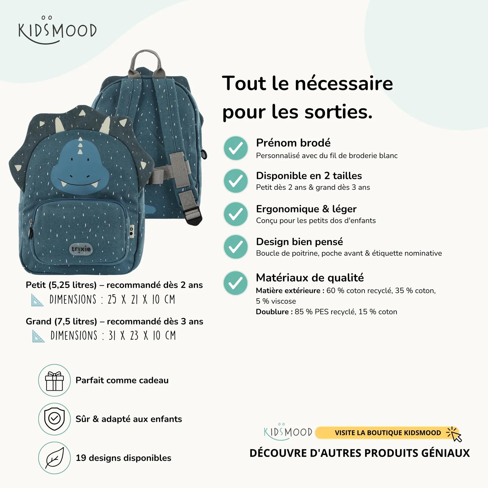 Sac à dos maternelle Trixie Tricératops personnalisé, prénom brodé — Kidsmood