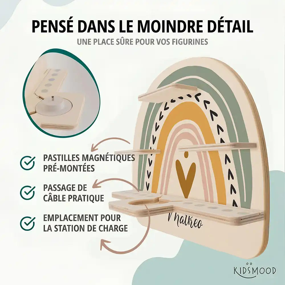 Étagère Toniebox personnalisée Arc-en-ciel 1 – pastilles magnétiques, passage de câble et station de charge