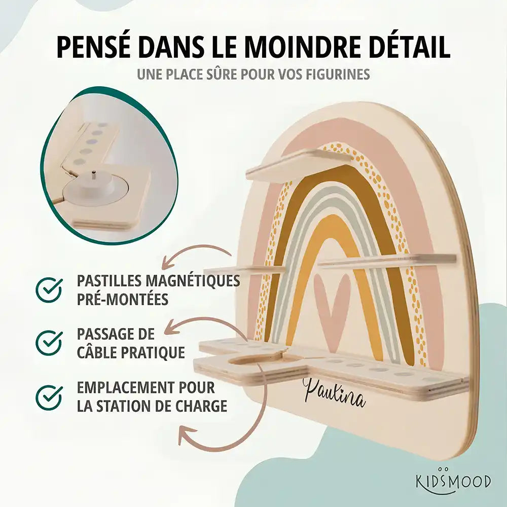 Étagère Toniebox personnalisée Arc-en-ciel 2 – pastilles magnétiques, passage de câble et station de charge