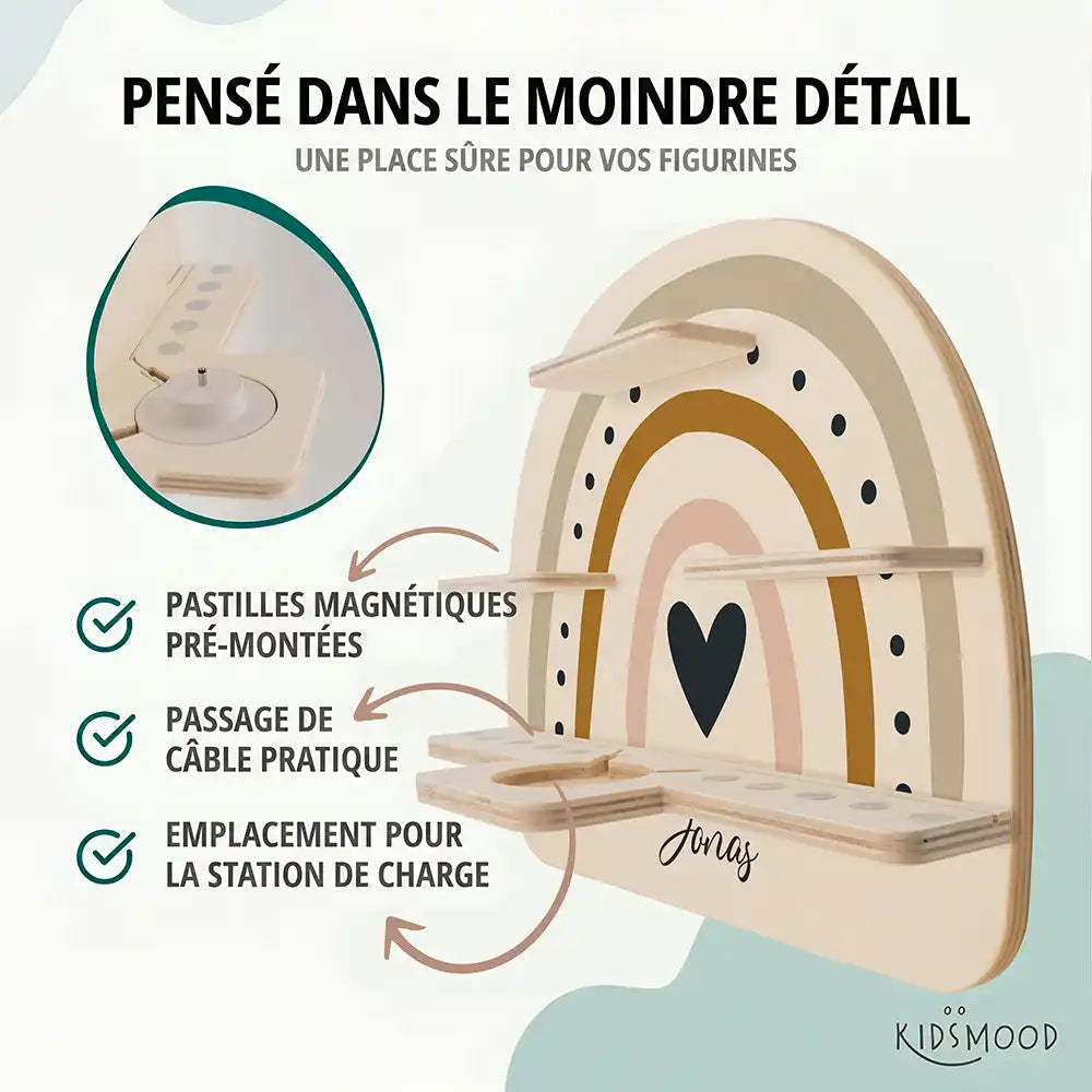 Étagère Toniebox personnalisée Arc-en-ciel 3 – pastilles magnétiques, passage de câble et station de charge