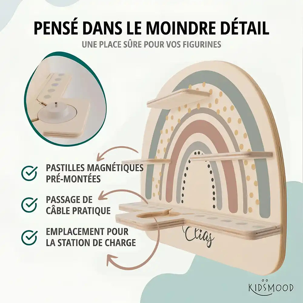 Étagère Toniebox personnalisée Arc-en-ciel 5 – pastilles magnétiques, passage de câble et station de charge