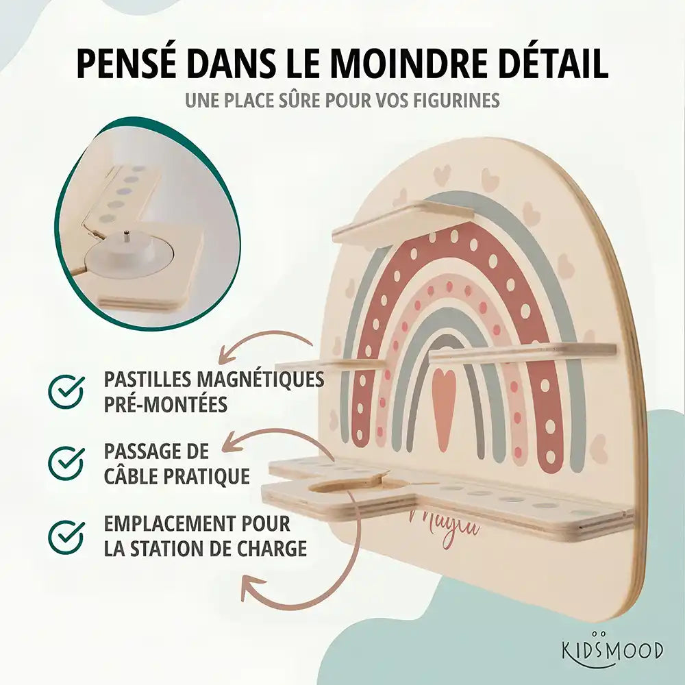 Étagère Toniebox personnalisée Arc-en-ciel 6 – pastilles magnétiques, passage de câble et station de charge
