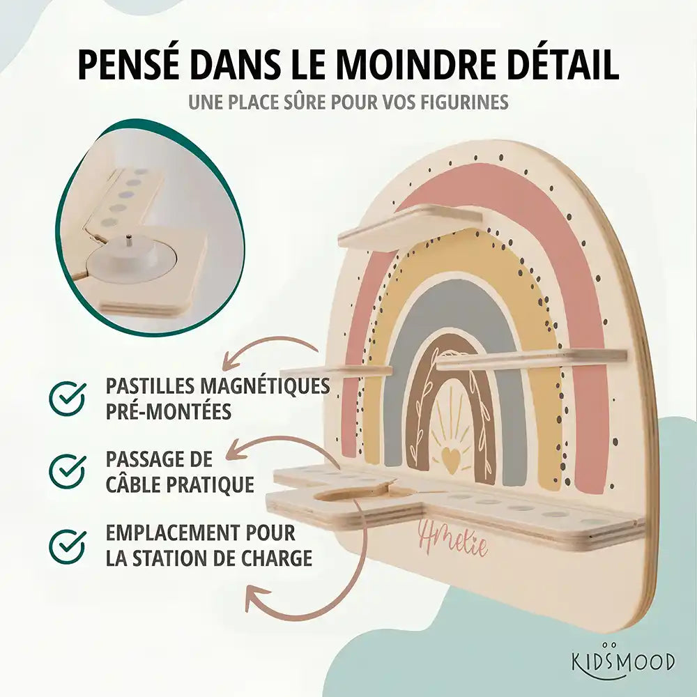 Étagère Toniebox personnalisée Arc-en-ciel 7 – pastilles magnétiques, passage de câble et station de charge