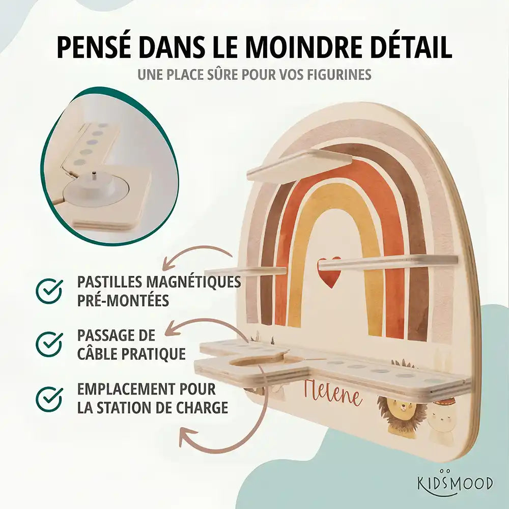Étagère Toniebox personnalisée Arc-en-ciel 8 – pastilles magnétiques, passage de câble et station de charge