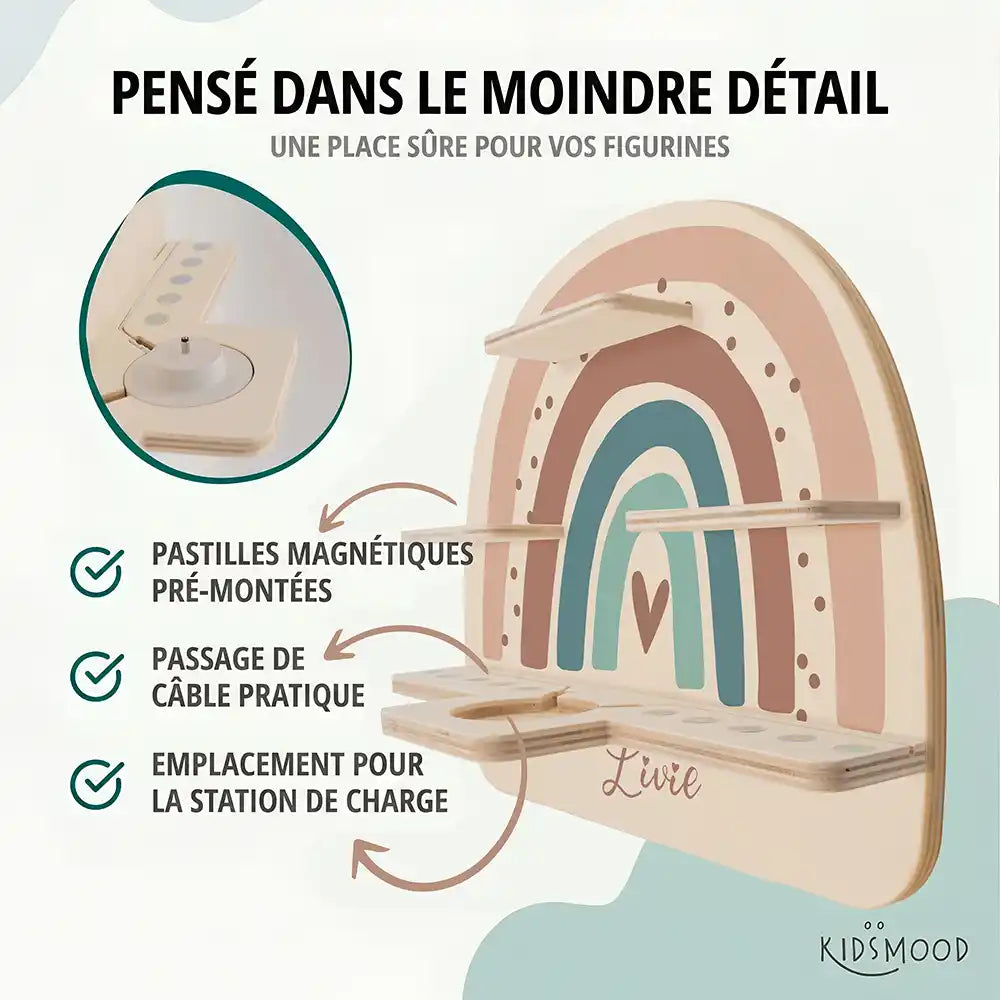 Étagère Toniebox personnalisée Arc-en-ciel 9 – pastilles magnétiques, passage de câble et station de charge
