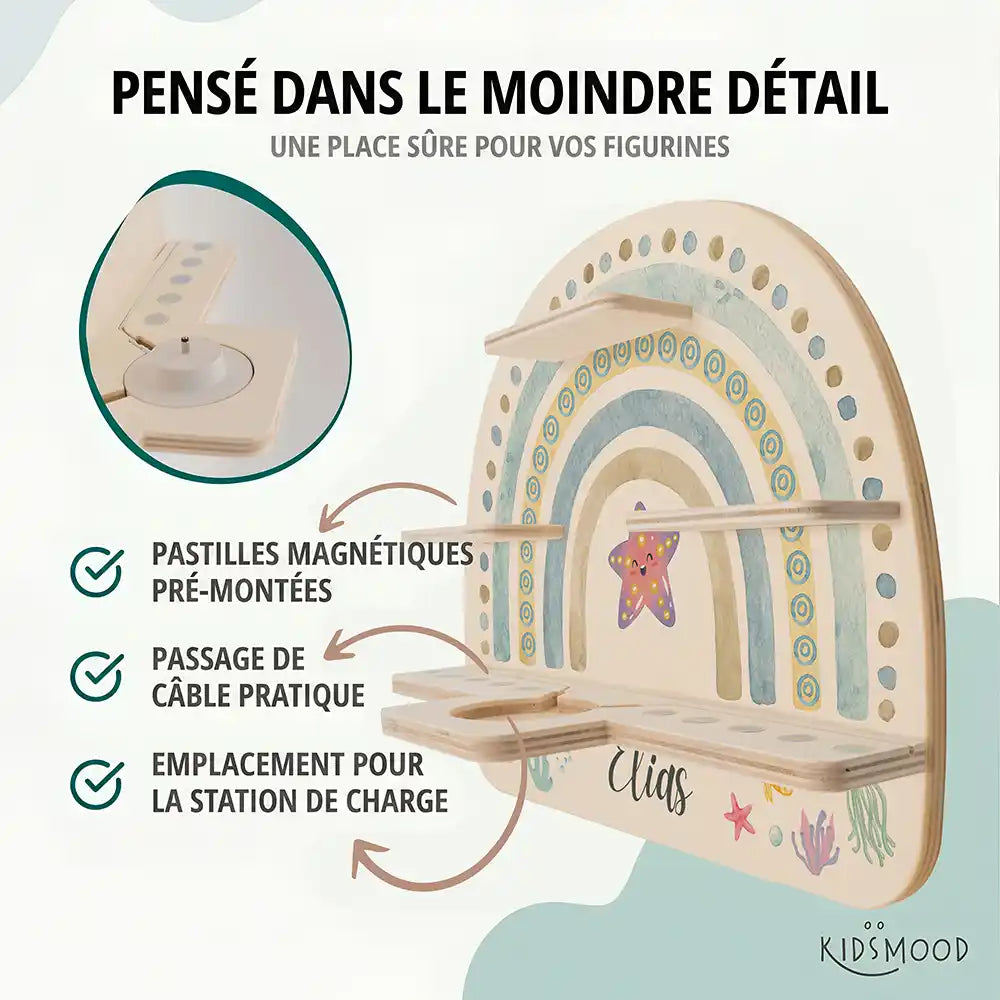 Étagère Toniebox personnalisée Arc-en-ciel 10 – pastilles magnétiques, passage de câble et station de charge