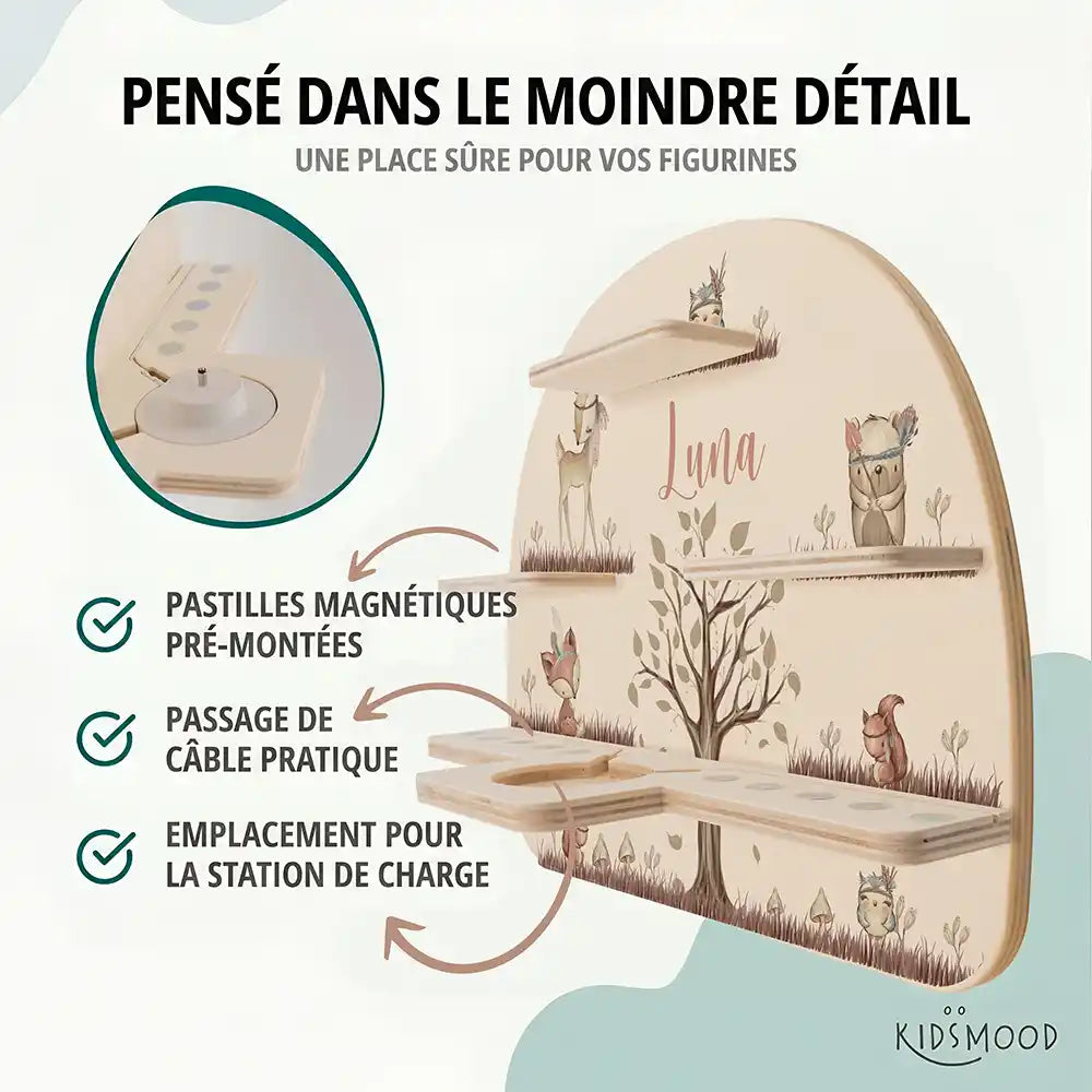 Étagère Toniebox personnalisée Woodland – pastilles magnétiques, passage de câble et station de charge