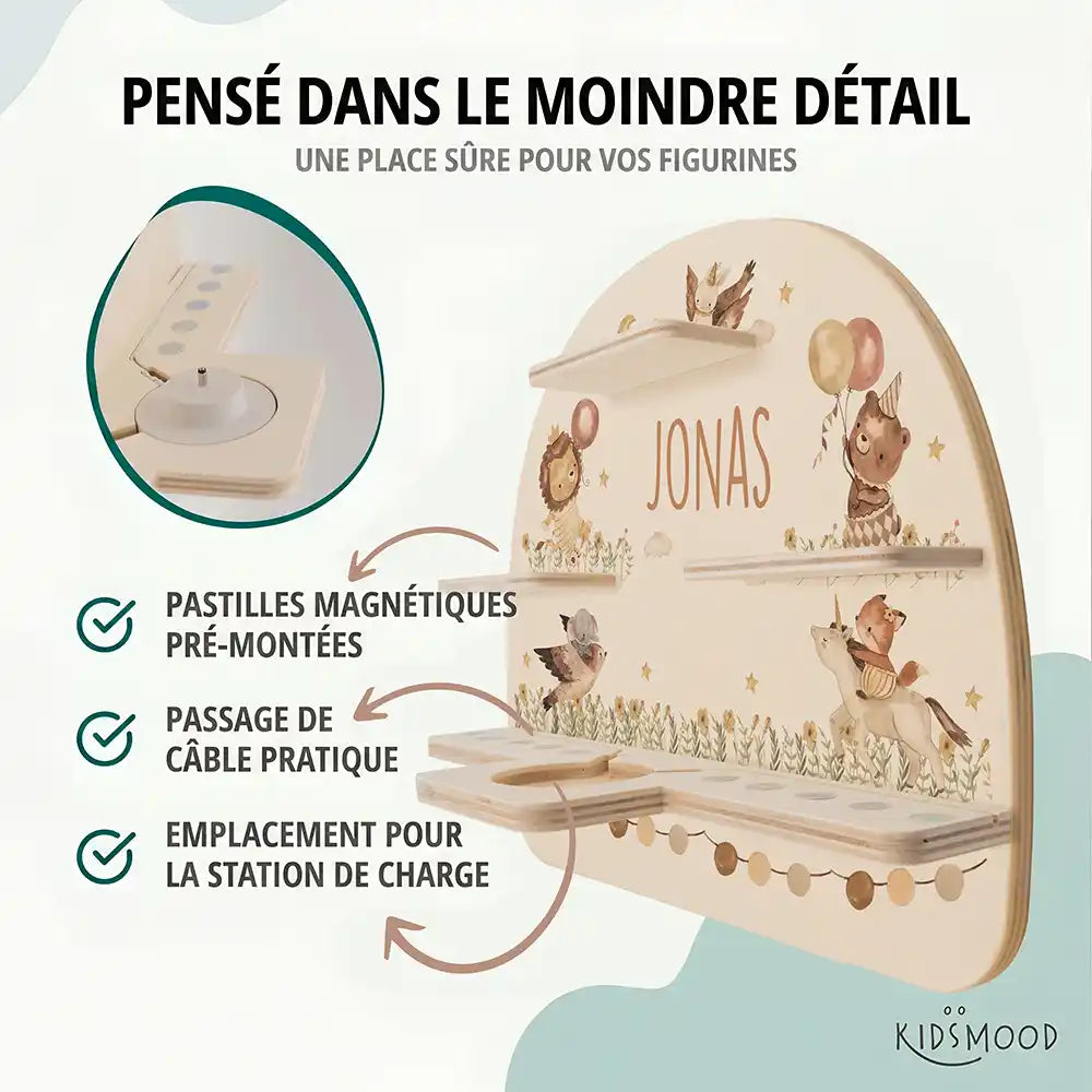 Étagère Toniebox personnalisée Animaux en fête – pastilles magnétiques, passage de câble et station de charge