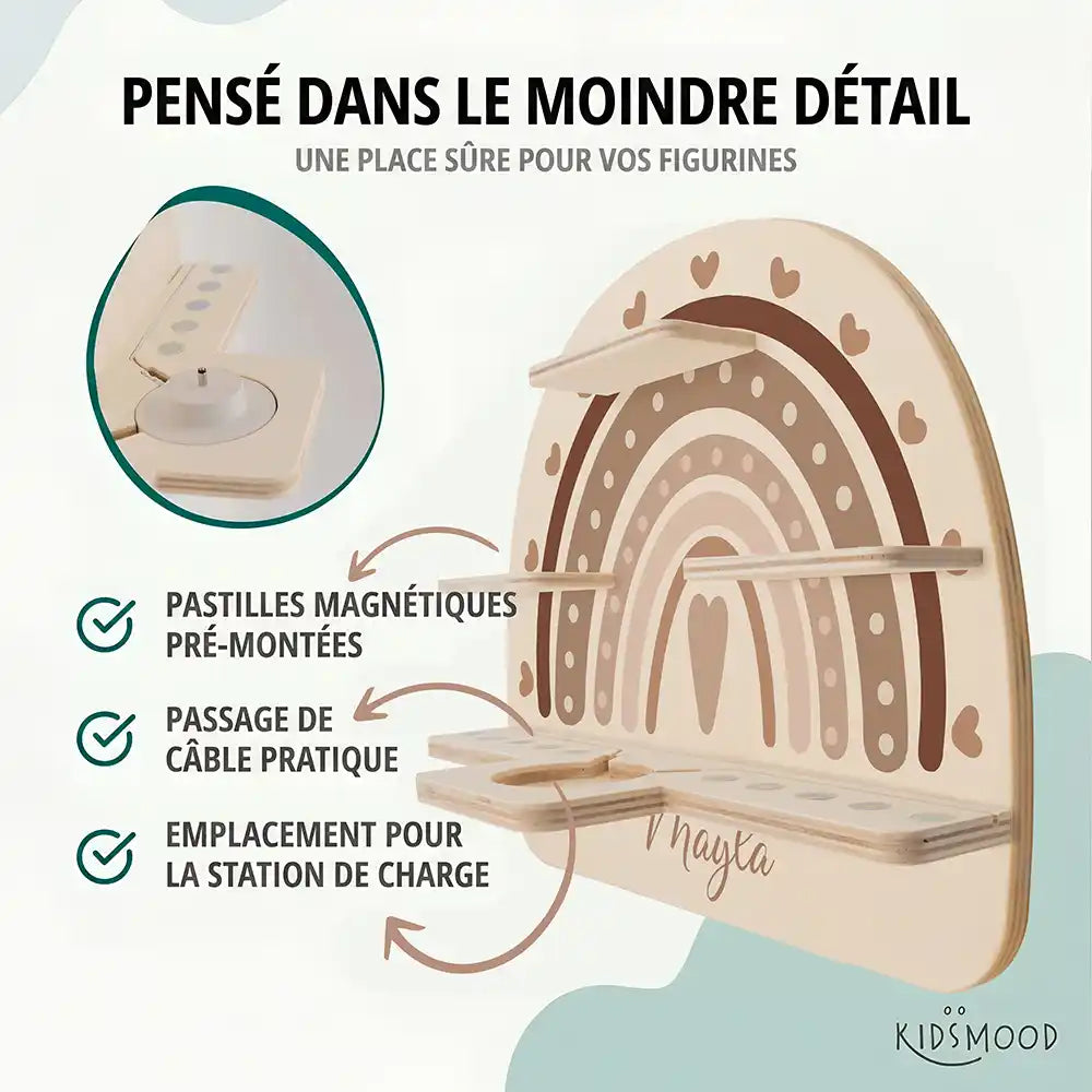 Étagère Toniebox personnalisée Arc-en-ciel cœur – pastilles magnétiques, passage de câble et station de charge