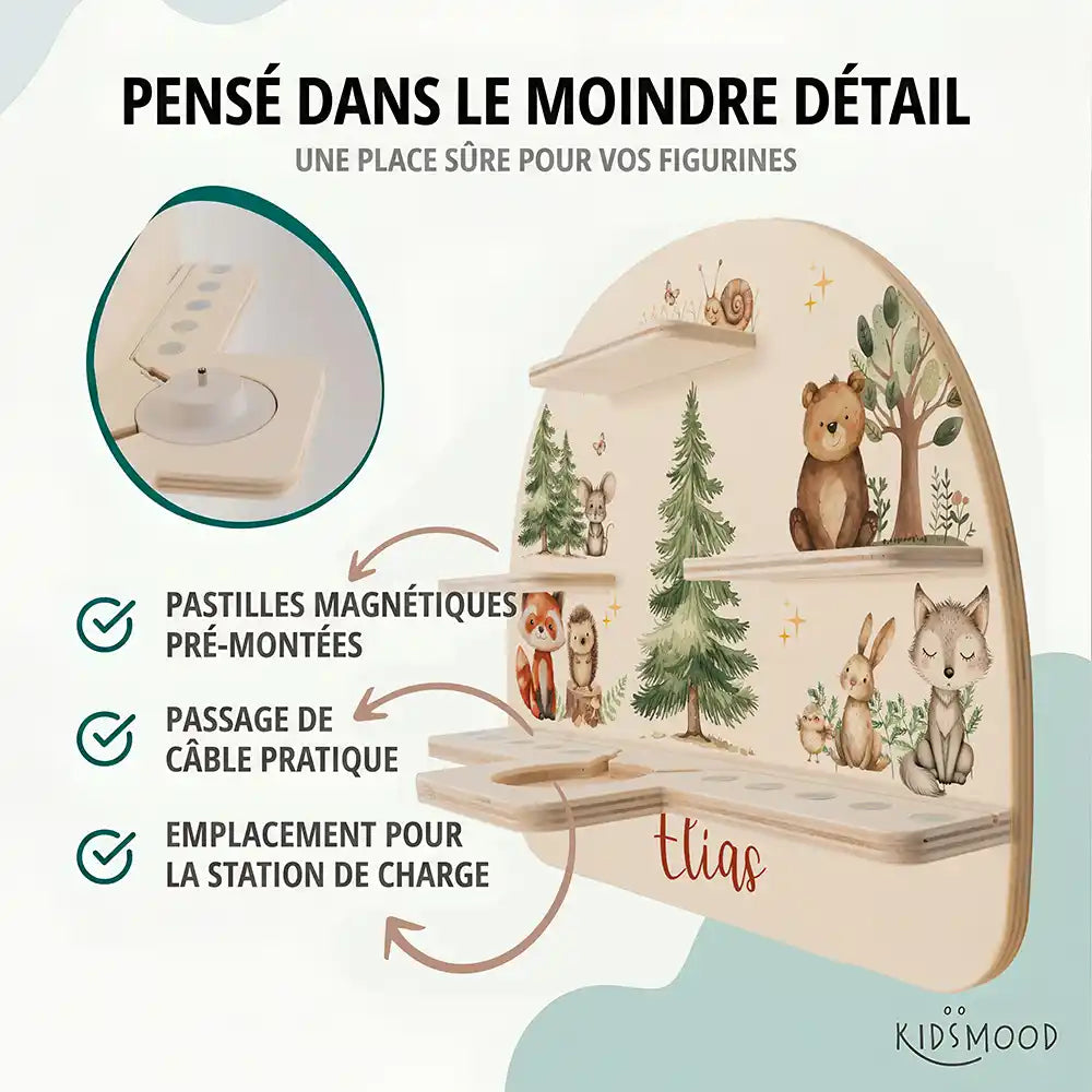 Étagère Toniebox personnalisée Joyeuse forêt – pastilles magnétiques, passage de câble et station de charge