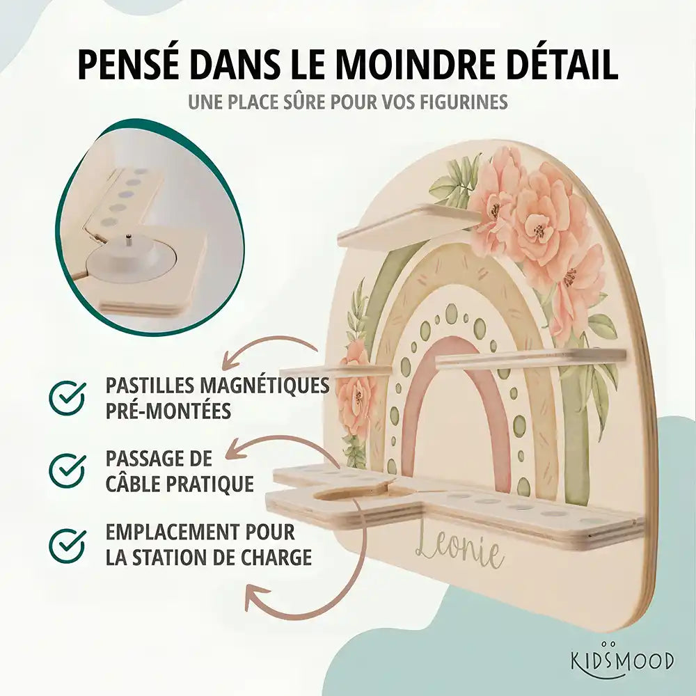 Étagère Toniebox personnalisée Arc-en-ciel fleuri – pastilles magnétiques, passage de câble et station de charge
