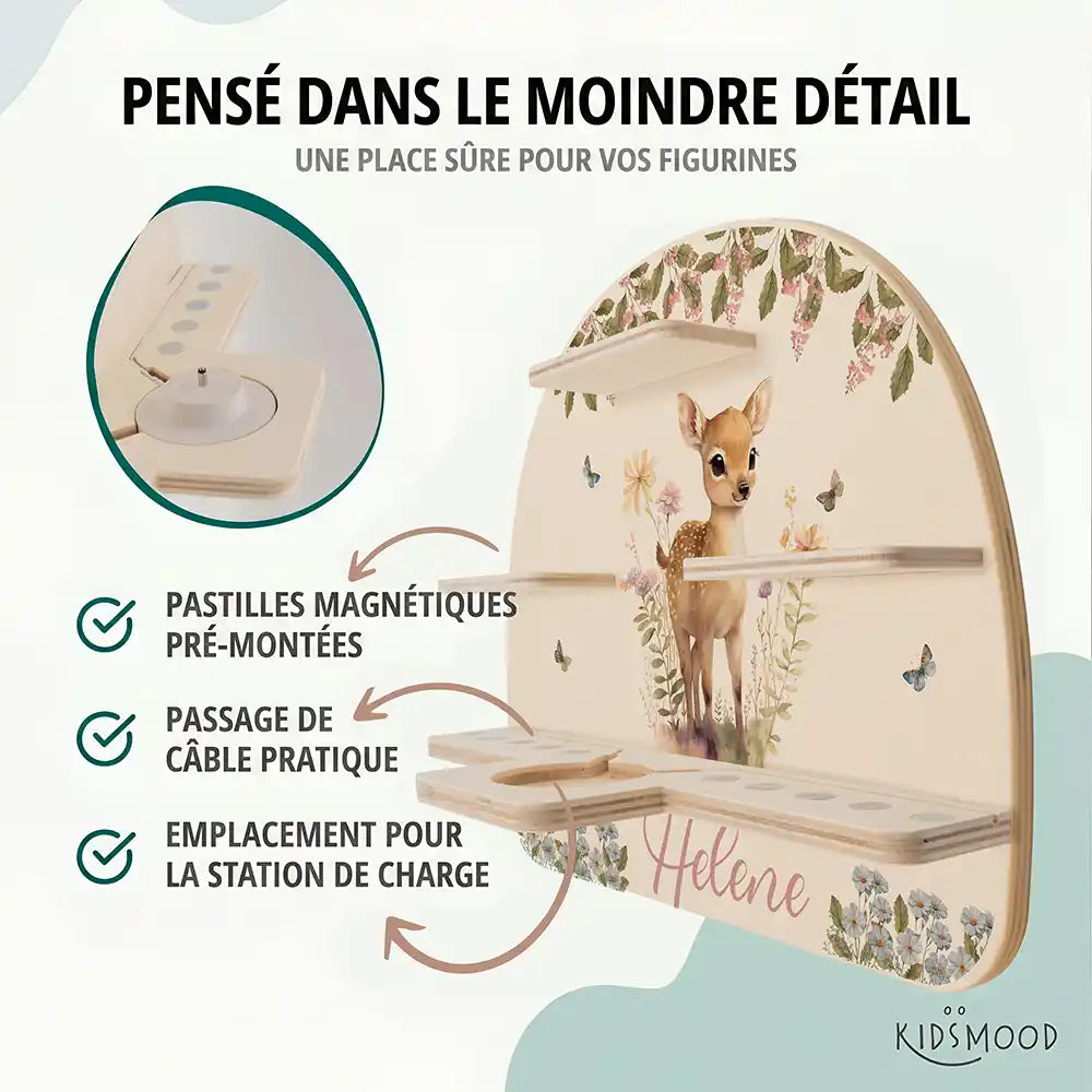 Étagère Toniebox personnalisée Faon en forêt – pastilles magnétiques, passage de câble et station de charge