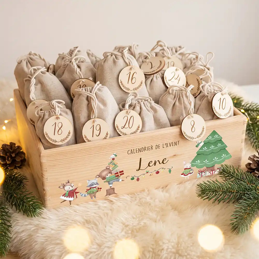 Calendrier de l'avent personnalisé, motif Ours et cadeaux — Caisse garnie des 24 sachets | Kidsmood