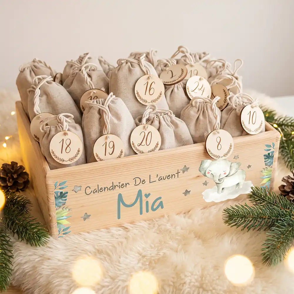 Calendrier de l'avent personnalisé, motif Petit éléphant — Caisse garnie des 24 sachets | Kidsmood