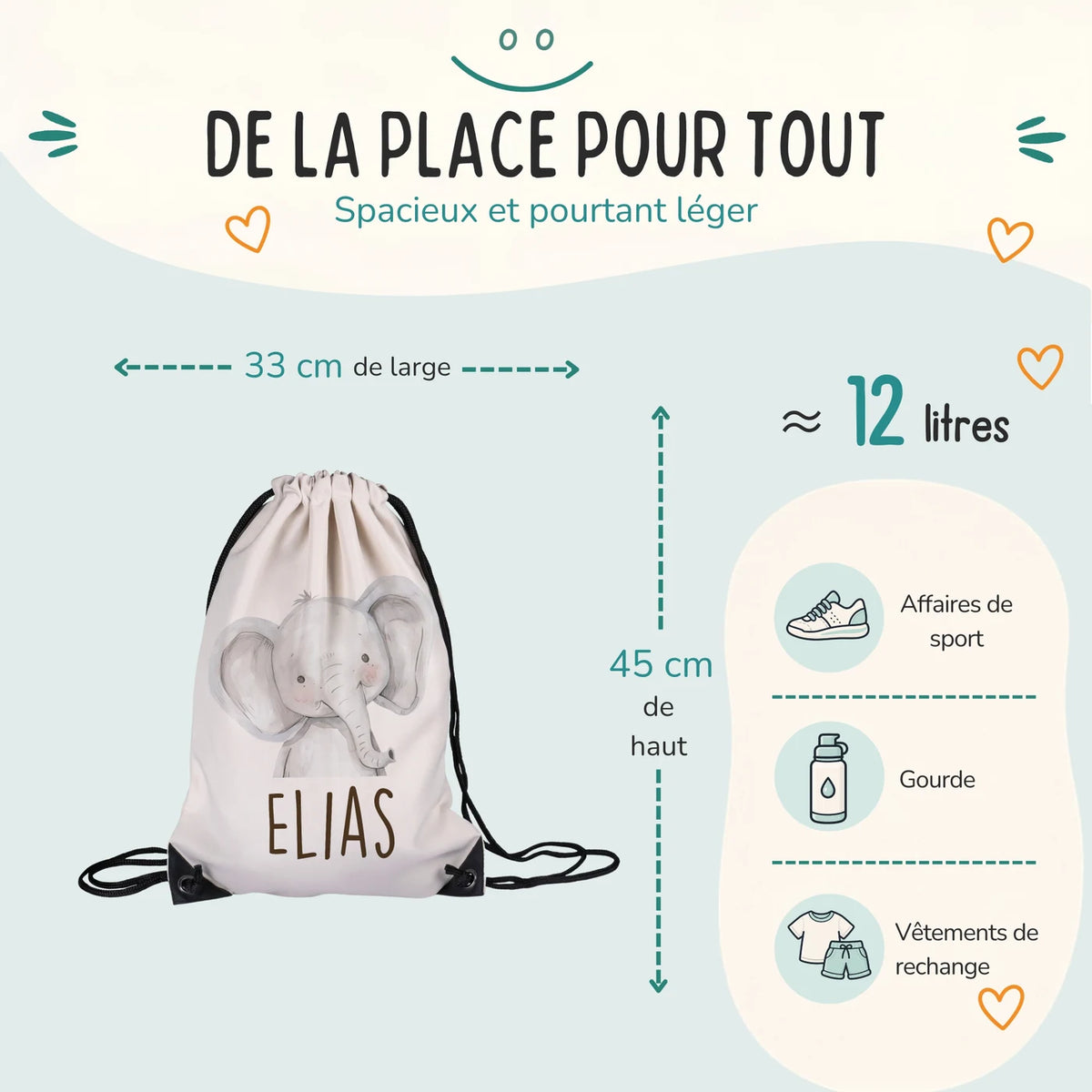 Sac de sport enfant 33 × 45 cm et environ 12 litres, motif éléphant — Kidsmood