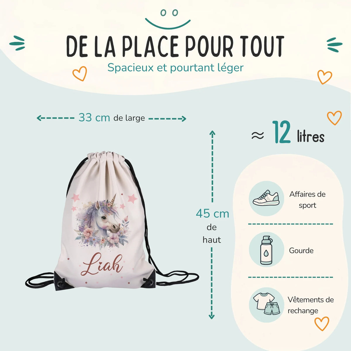 Sac de sport enfant 33 × 45 cm et environ 12 litres, motif licorne fleurie — Kidsmood