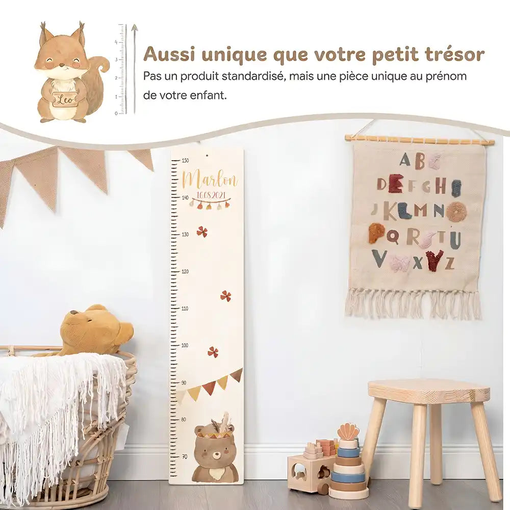 Toise enfant personnalisée Ours boho – pièce unique au prénom de votre enfant
