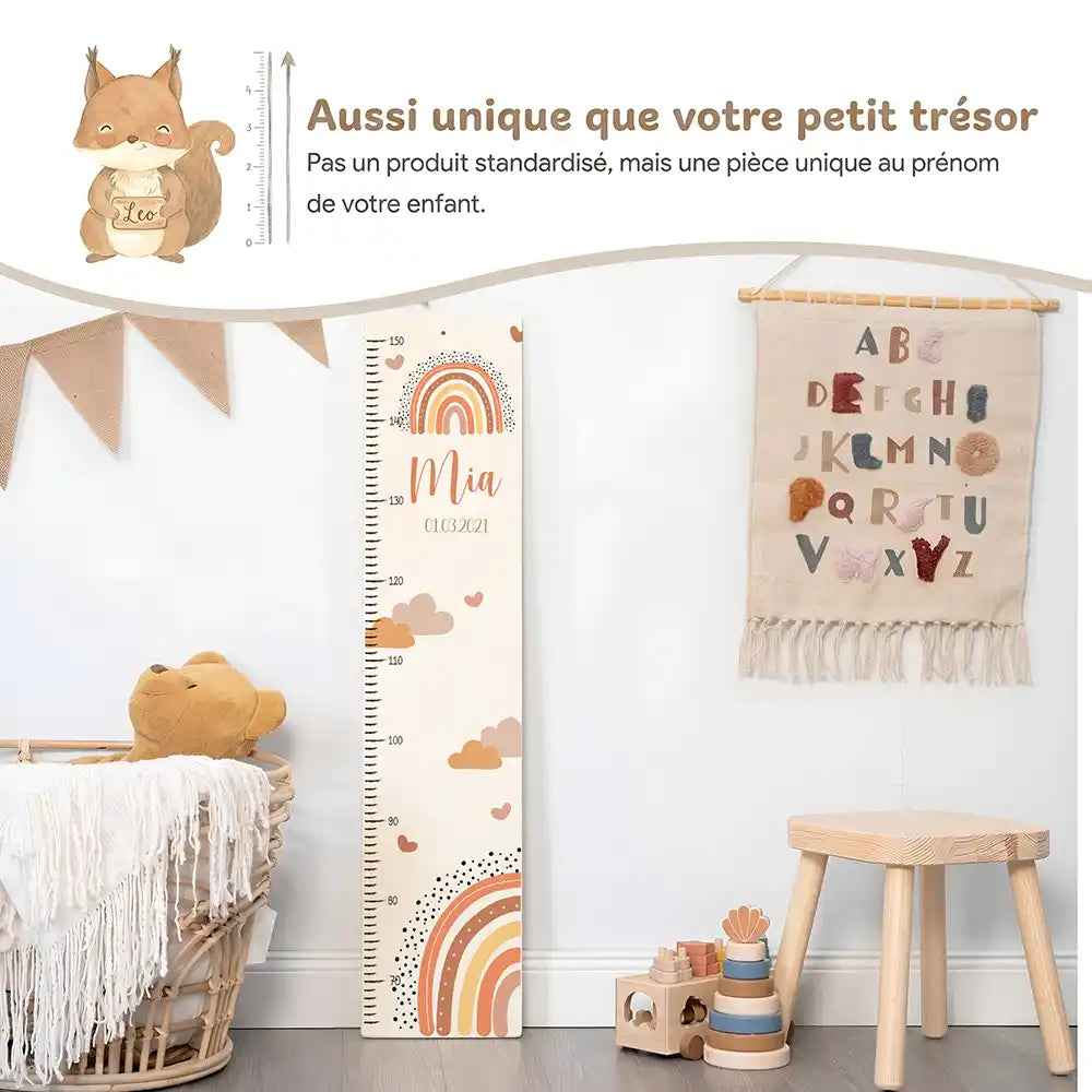 Toise enfant personnalisée Arc-en-ciel terracotta – pièce unique au prénom de votre enfant