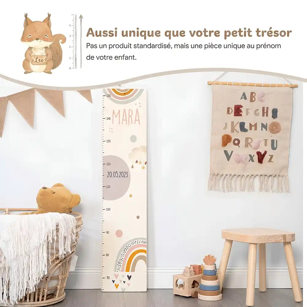 Toise enfant personnalisée Arc-en-ciel pastel – pièce unique au prénom de votre enfant