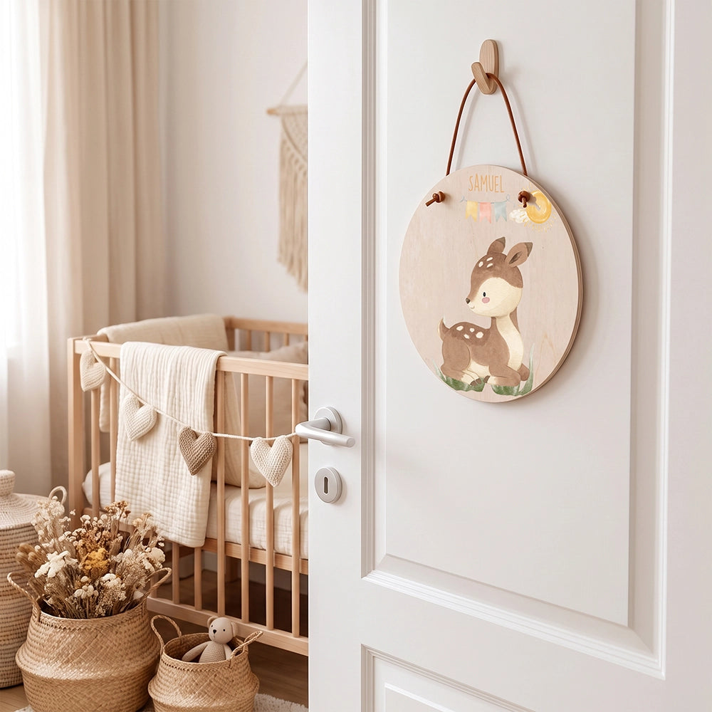 Plaque de porte personnalisée, motif Faon et fanions — Accrochée à la porte de la chambre | Kidsmood