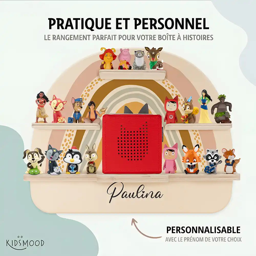 Étagère Toniebox personnalisée Arc-en-ciel 2 – rangement pratique et personnalisé pour les figurines
