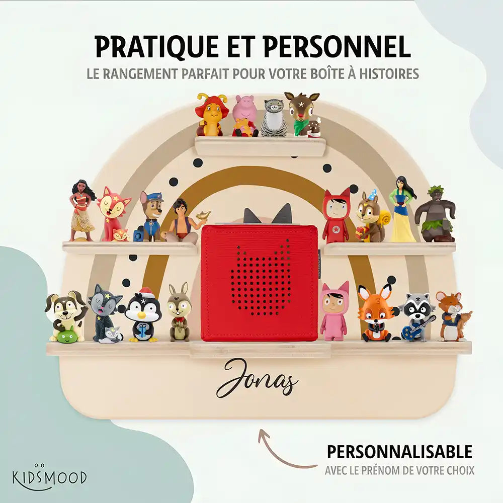 Étagère Toniebox personnalisée Arc-en-ciel 3 – rangement pratique et personnalisé pour les figurines