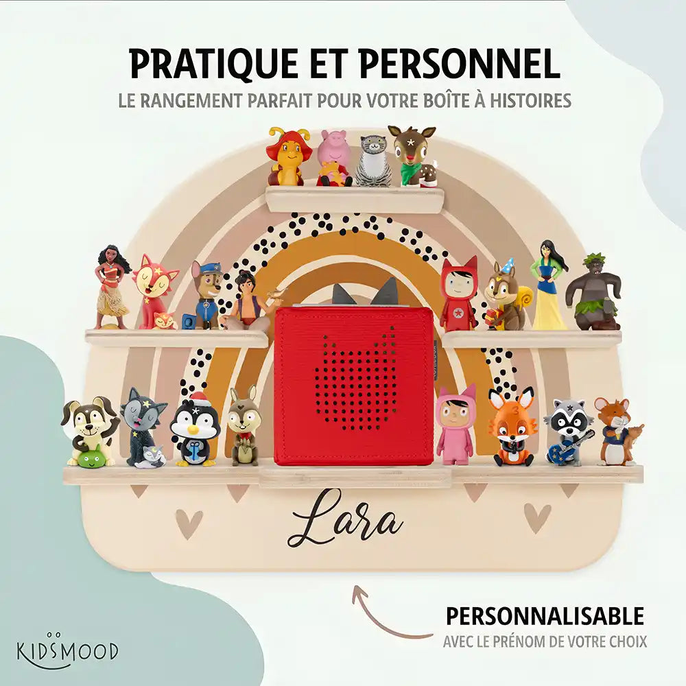 Étagère Toniebox personnalisée Arc-en-ciel 4 – rangement pratique et personnalisé pour les figurines