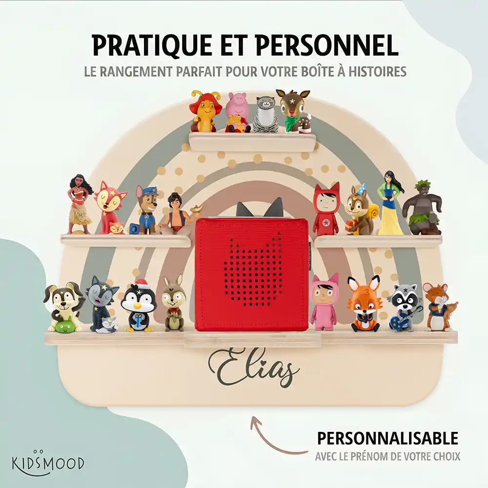 Étagère Toniebox personnalisée Arc-en-ciel 5 – rangement pratique et personnalisé pour les figurines