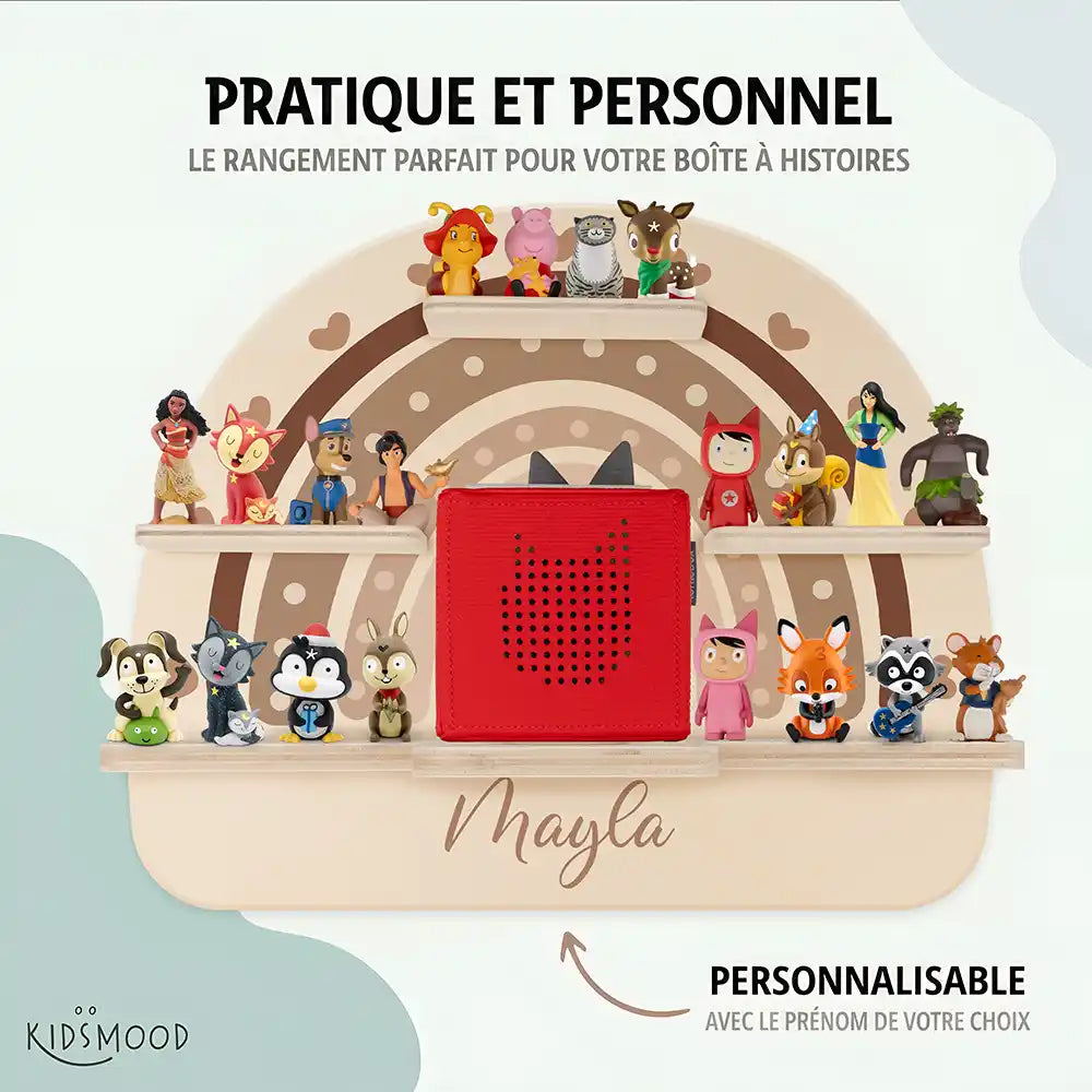 Étagère Toniebox personnalisée Arc-en-ciel cœur – rangement pratique et personnalisé pour les figurines