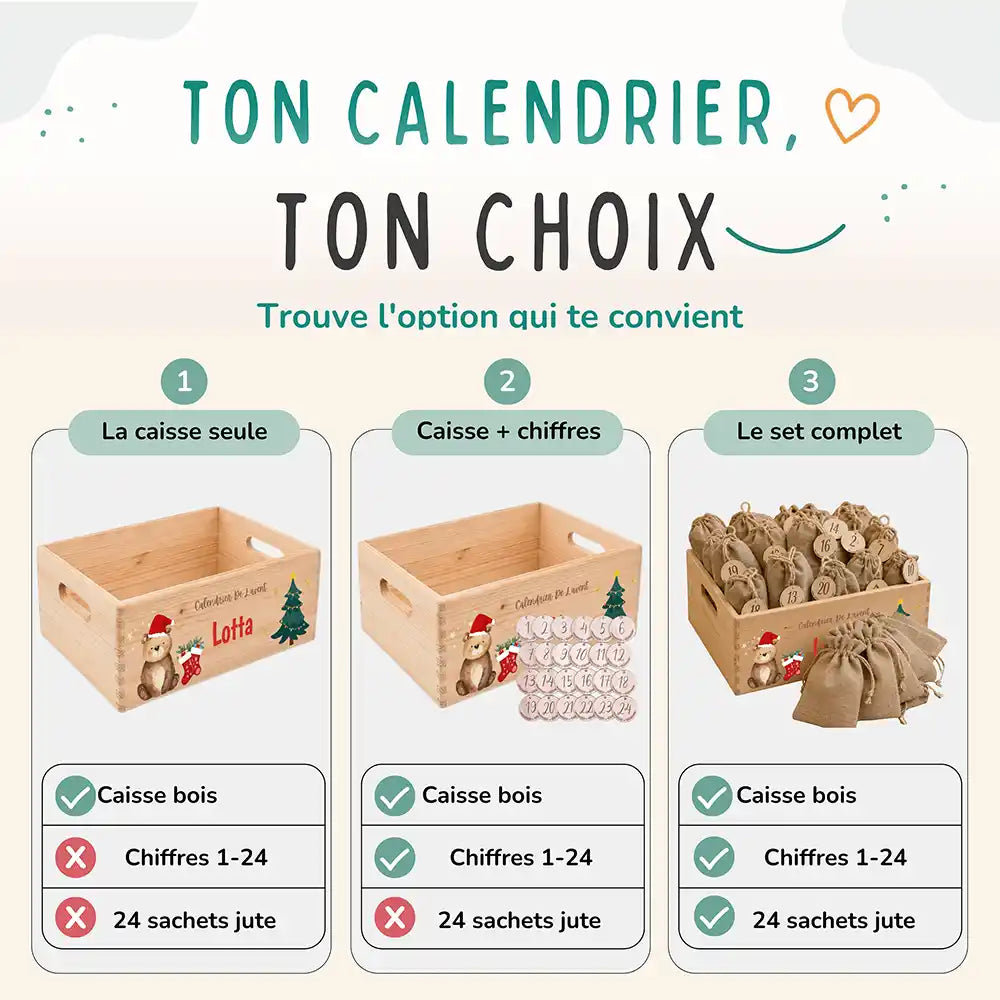 Calendrier de l'avent personnalisé, motif Ours et chaussettes — Les trois compositions au choix | Kidsmood