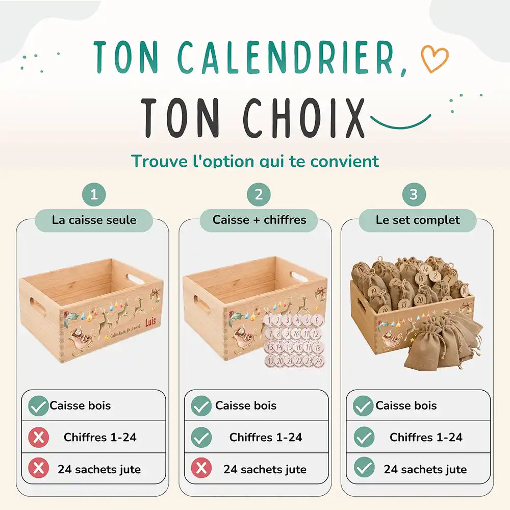 Calendrier de l'avent personnalisé, motif Père Noël en traîneau — Les trois compositions au choix | Kidsmood