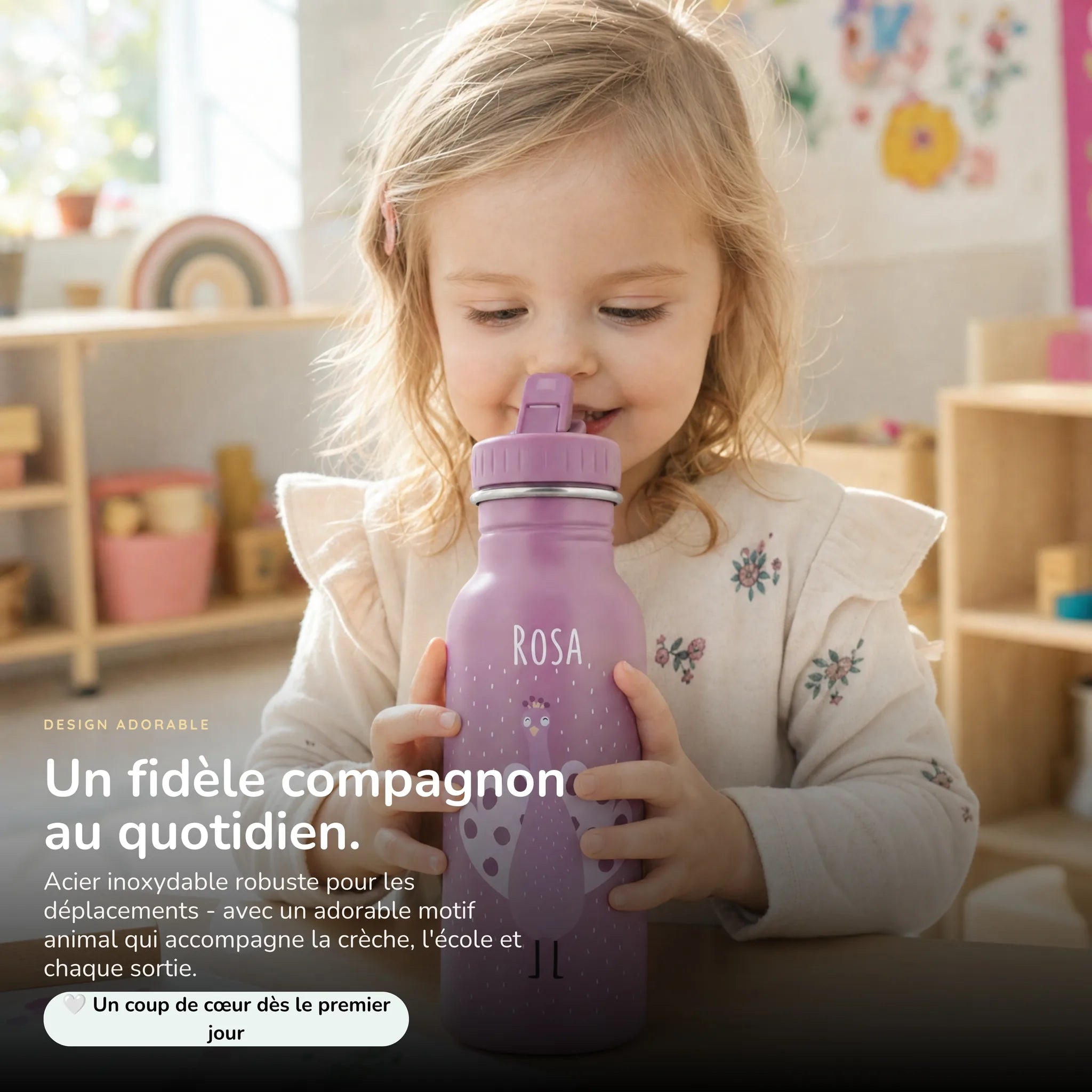 Gourde enfant 500 ml motif Paon, acier inoxydable personnalisé — Kidsmood