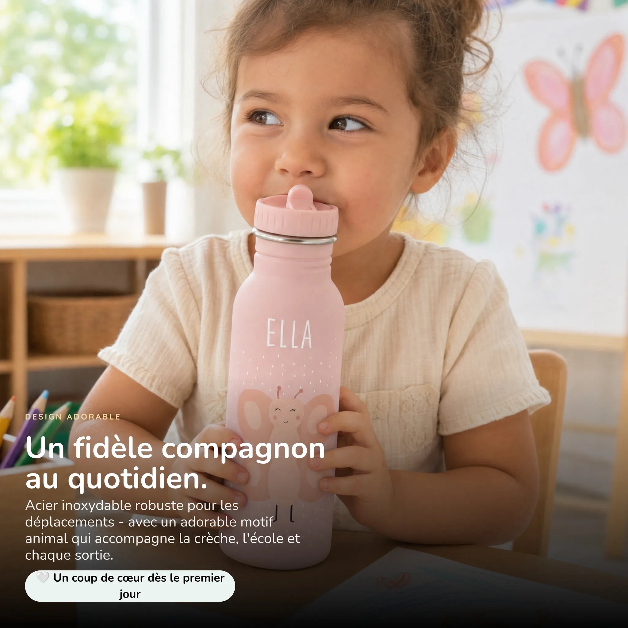 Gourde enfant 500 ml motif Papillon, acier inoxydable personnalisé — Kidsmood