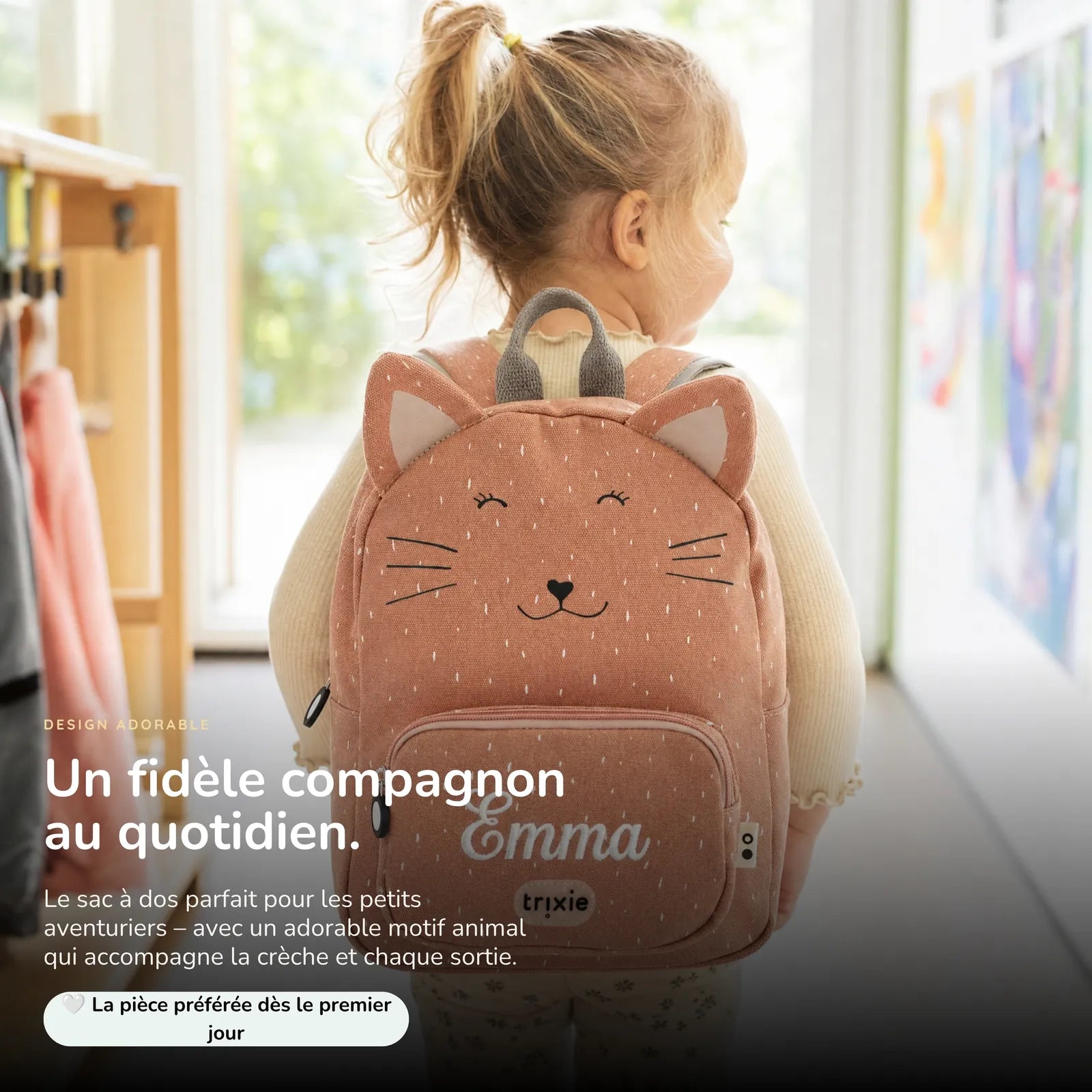Sac à dos Chat porté, prénom brodé au fil blanc — Kidsmood
