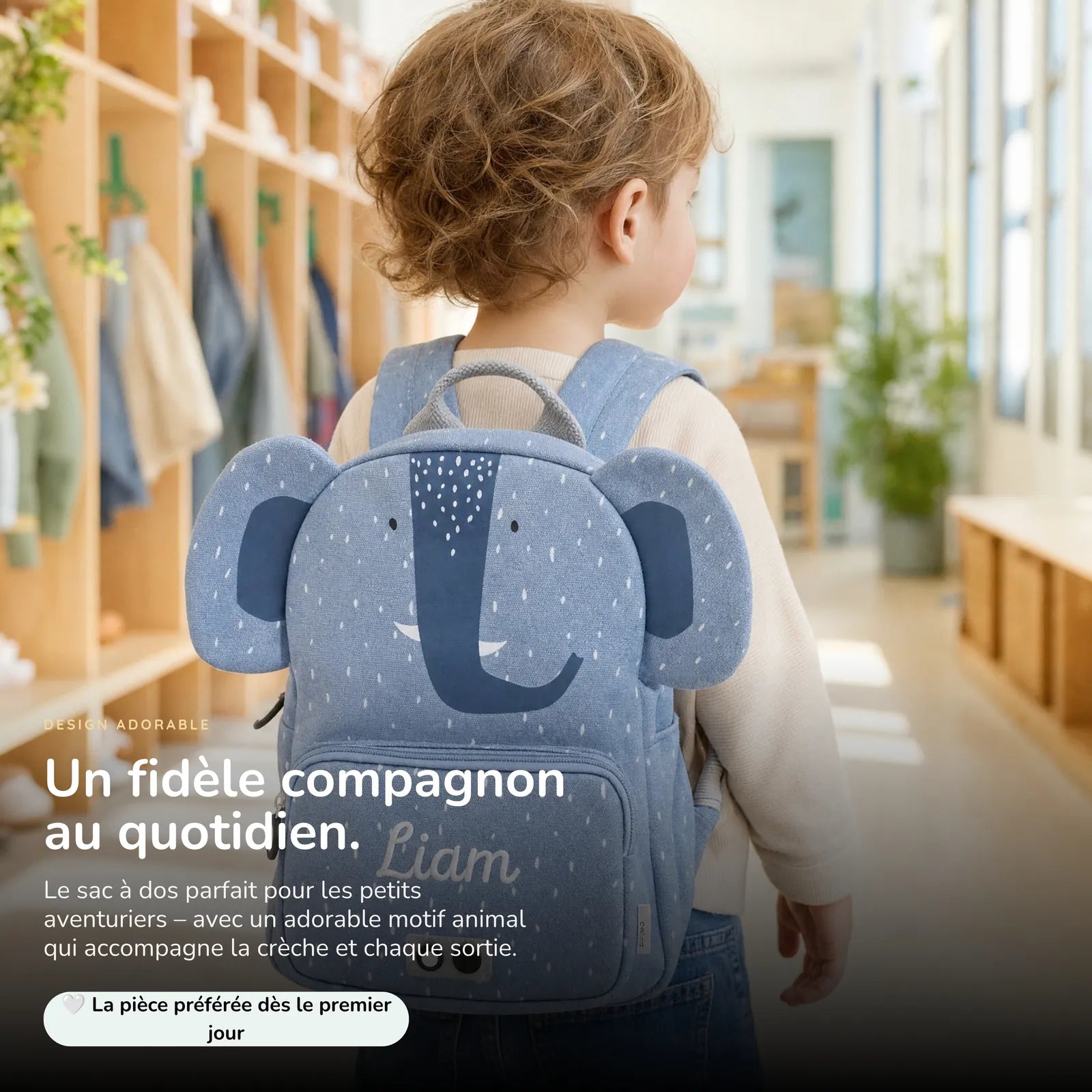 Sac à dos Éléphant porté, prénom brodé au fil blanc — Kidsmood