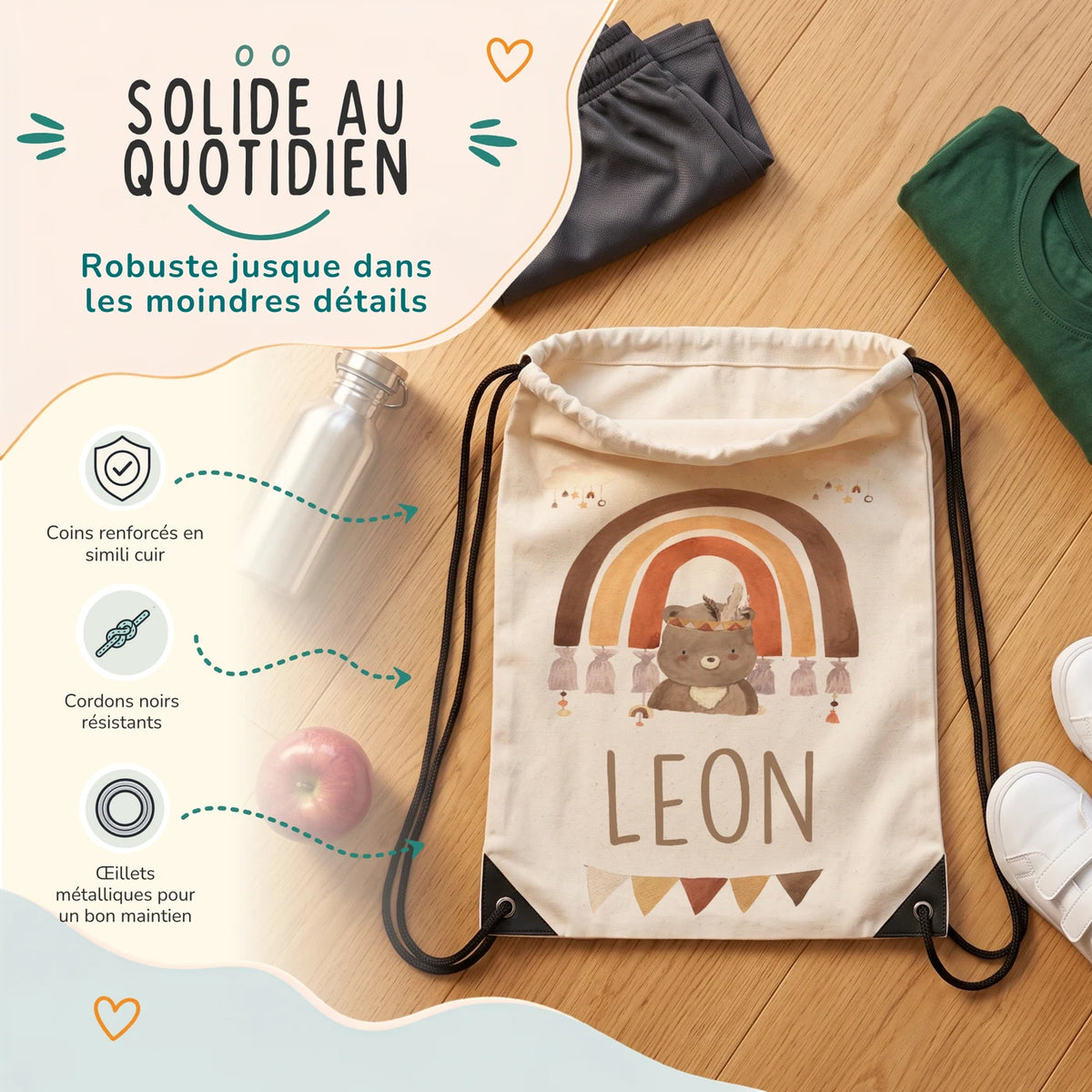 Sac de sport enfant avec coins renforcés, œillets métalliques et cordons noirs, motif arc-en-ciel bohème — Kidsmood