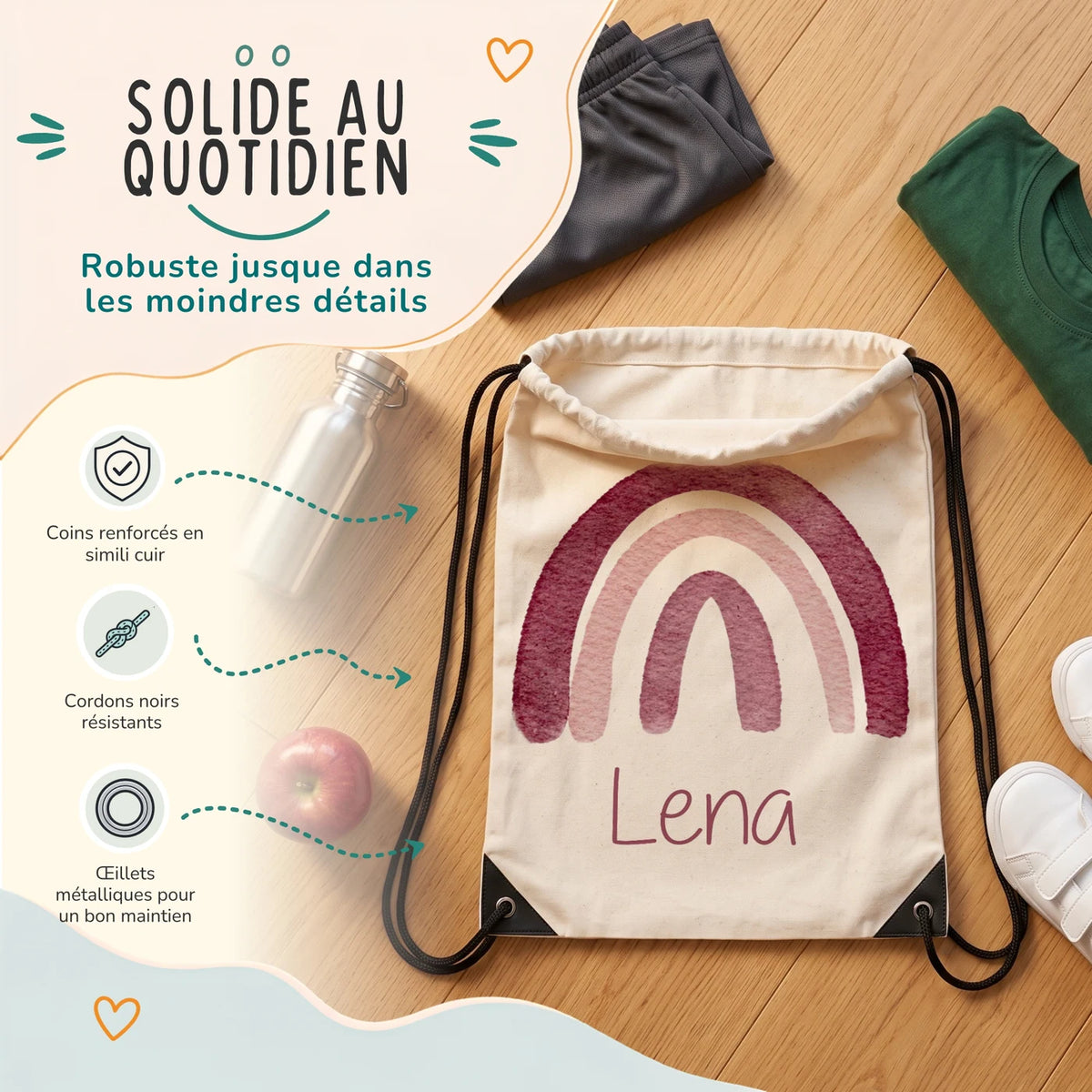 Sac de sport enfant avec coins renforcés, œillets métalliques et cordons noirs, motif arc-en-ciel — Kidsmood