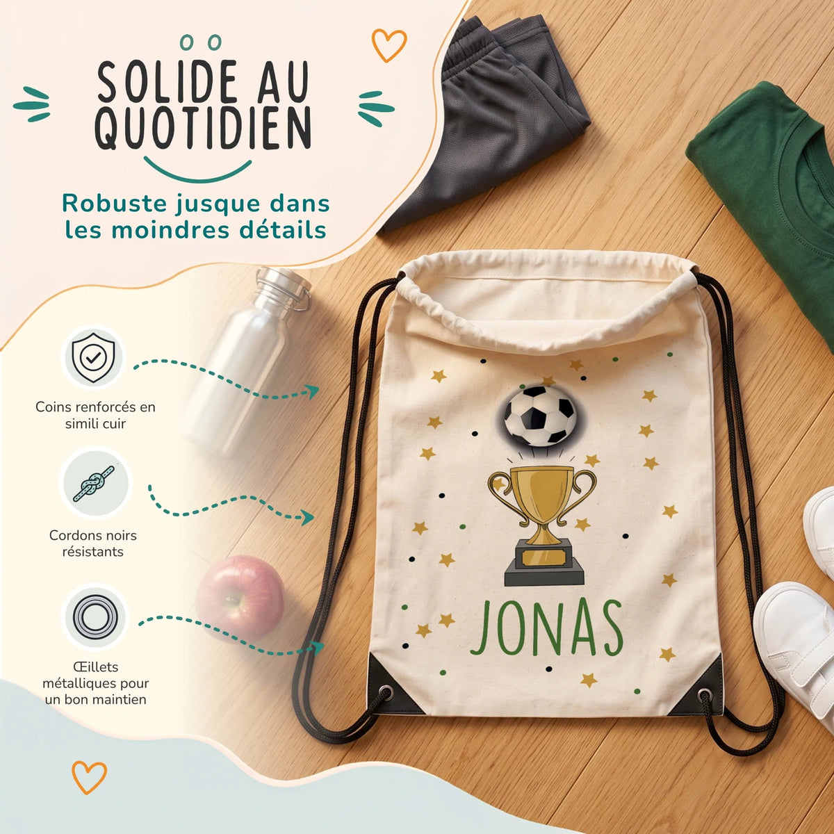 Sac de sport enfant avec coins renforcés, œillets métalliques et cordons noirs, motif football — Kidsmood
