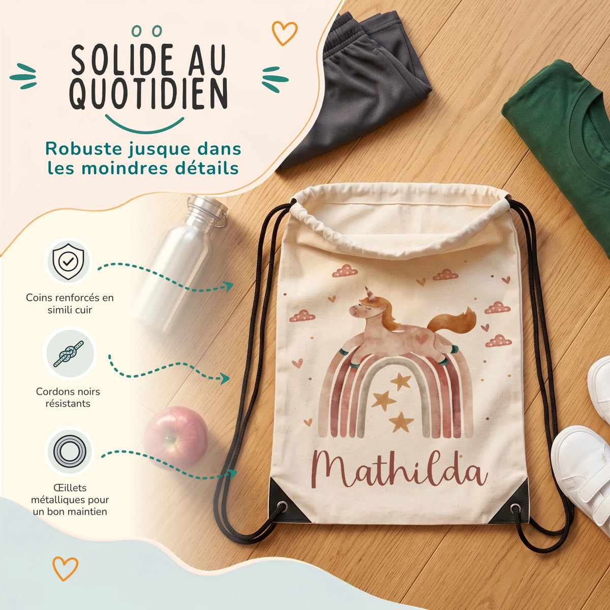Sac de sport enfant avec coins renforcés, œillets métalliques et cordons noirs, motif licorne arc-en-ciel — Kidsmood