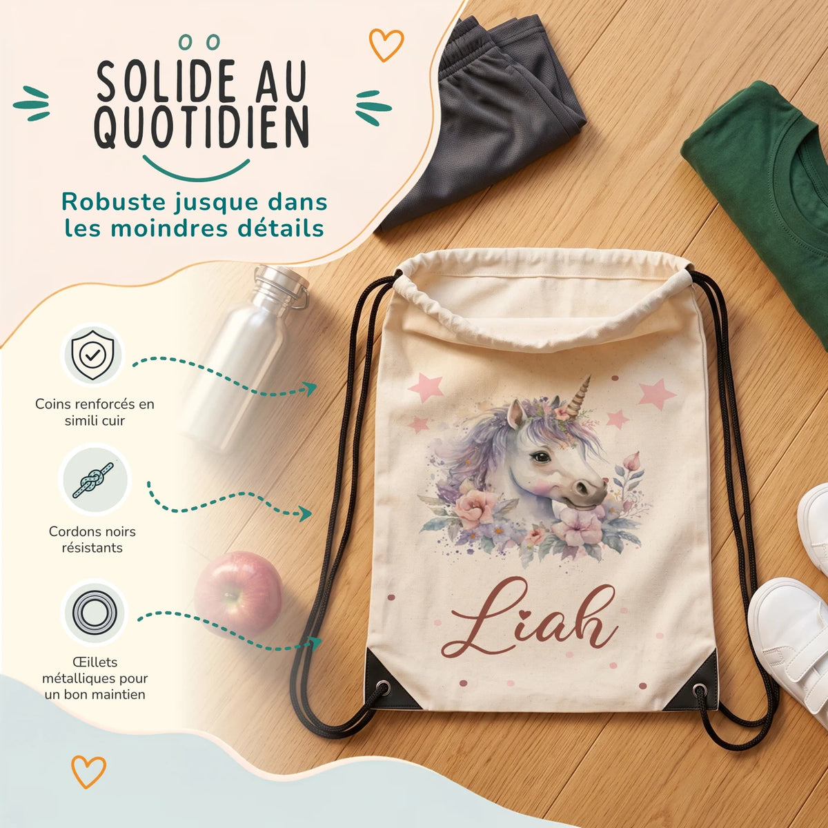 Sac de sport enfant avec coins renforcés, œillets métalliques et cordons noirs, motif licorne fleurie — Kidsmood
