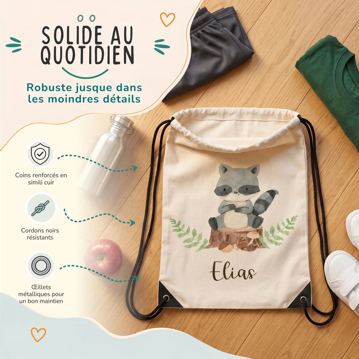 Sac de sport enfant avec coins renforcés, œillets métalliques et cordons noirs, motif raton laveur — Kidsmood
