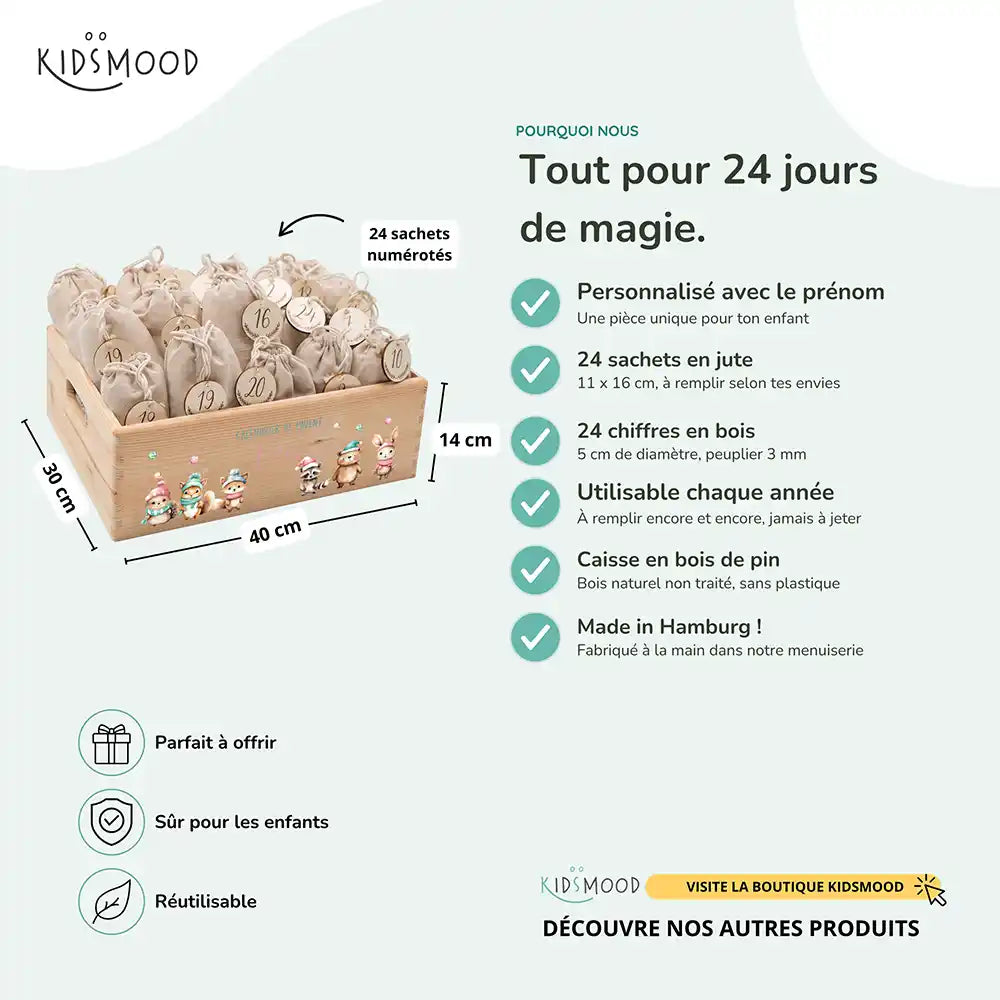 Calendrier de l'avent personnalisé, motif Bonnets pastel — Dimensions et contenu du set | Kidsmood