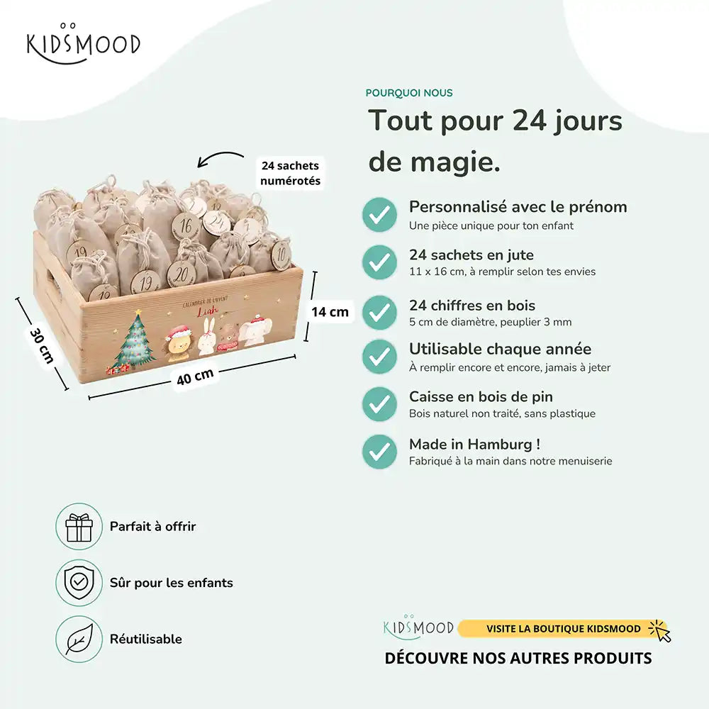 Calendrier de l'avent personnalisé, motif Bonnets rouges — Dimensions et contenu du set | Kidsmood