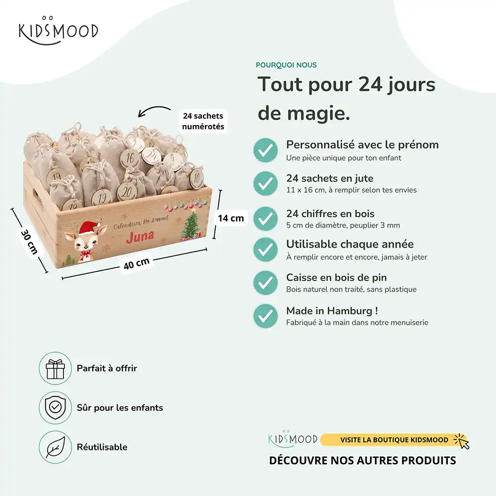 Calendrier de l'avent personnalisé, motif Faon en bonnet — Dimensions et contenu du set | Kidsmood