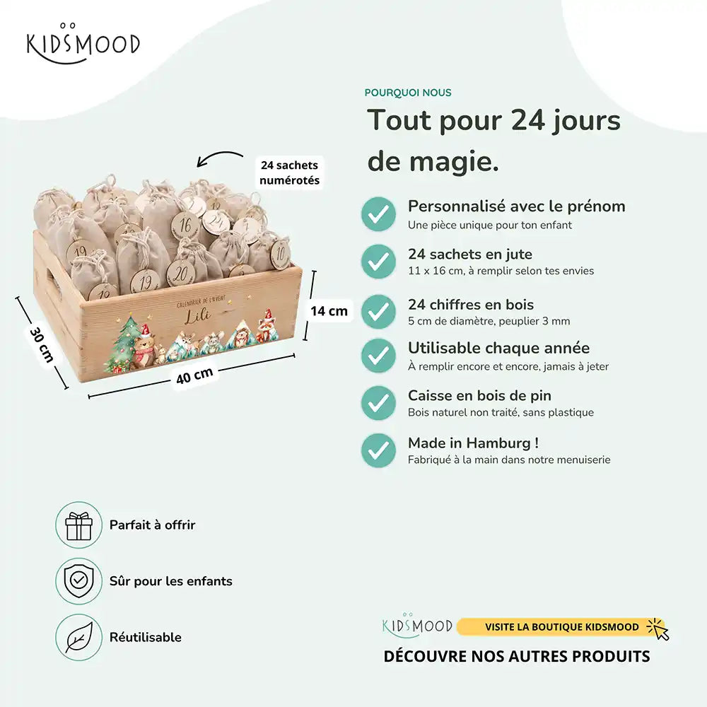 Calendrier de l'avent personnalisé, motif Montagnes enneigées — Dimensions et contenu du set | Kidsmood