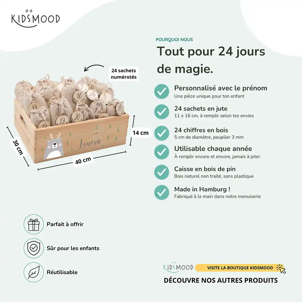 Calendrier de l'avent personnalisé, motif Ours gris — Dimensions et contenu du set | Kidsmood