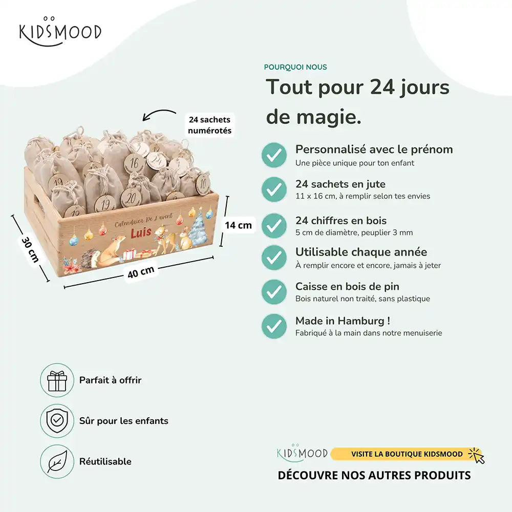 Calendrier de l'avent personnalisé, motif Renard doré — Dimensions et contenu du set | Kidsmood