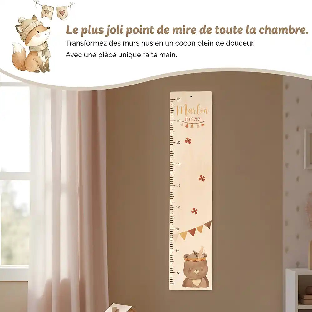 Toise enfant personnalisée Ours boho – jolie décoration murale pour la chambre d'enfant