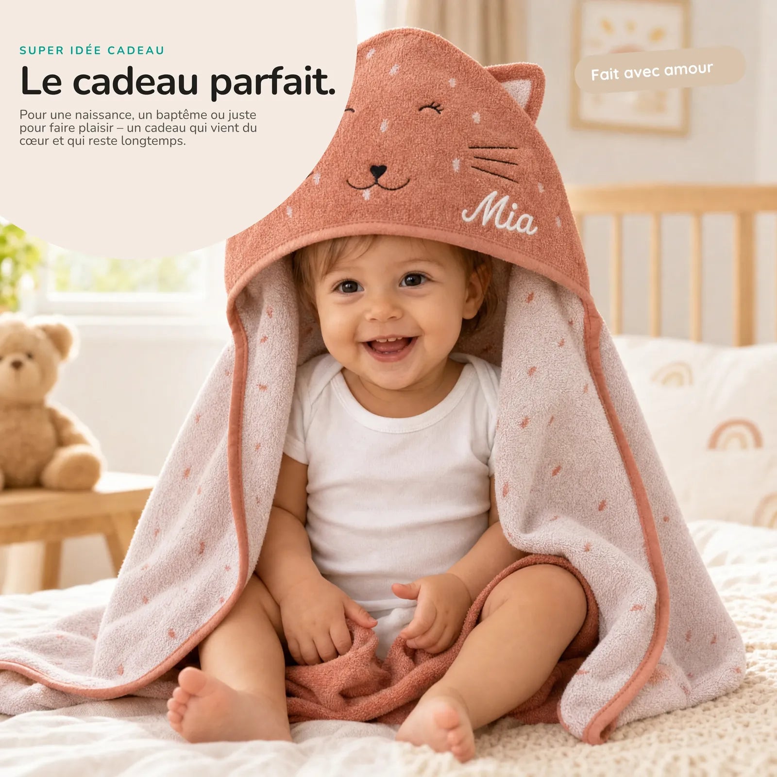 Cape de bain bébé motif Chat, capuche animal — Kidsmood